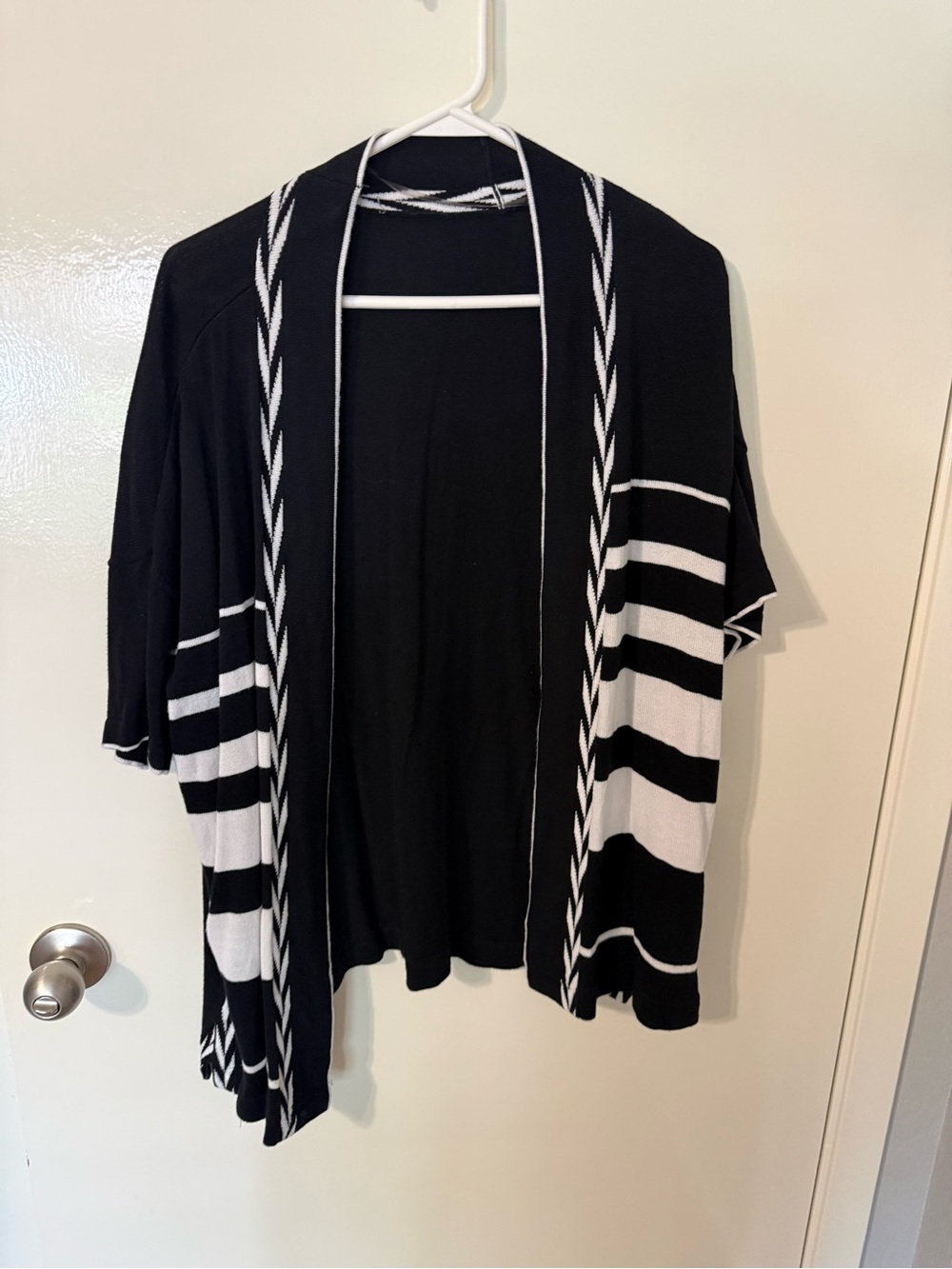 Chico's Black and White Striped Open-Front Cardigan